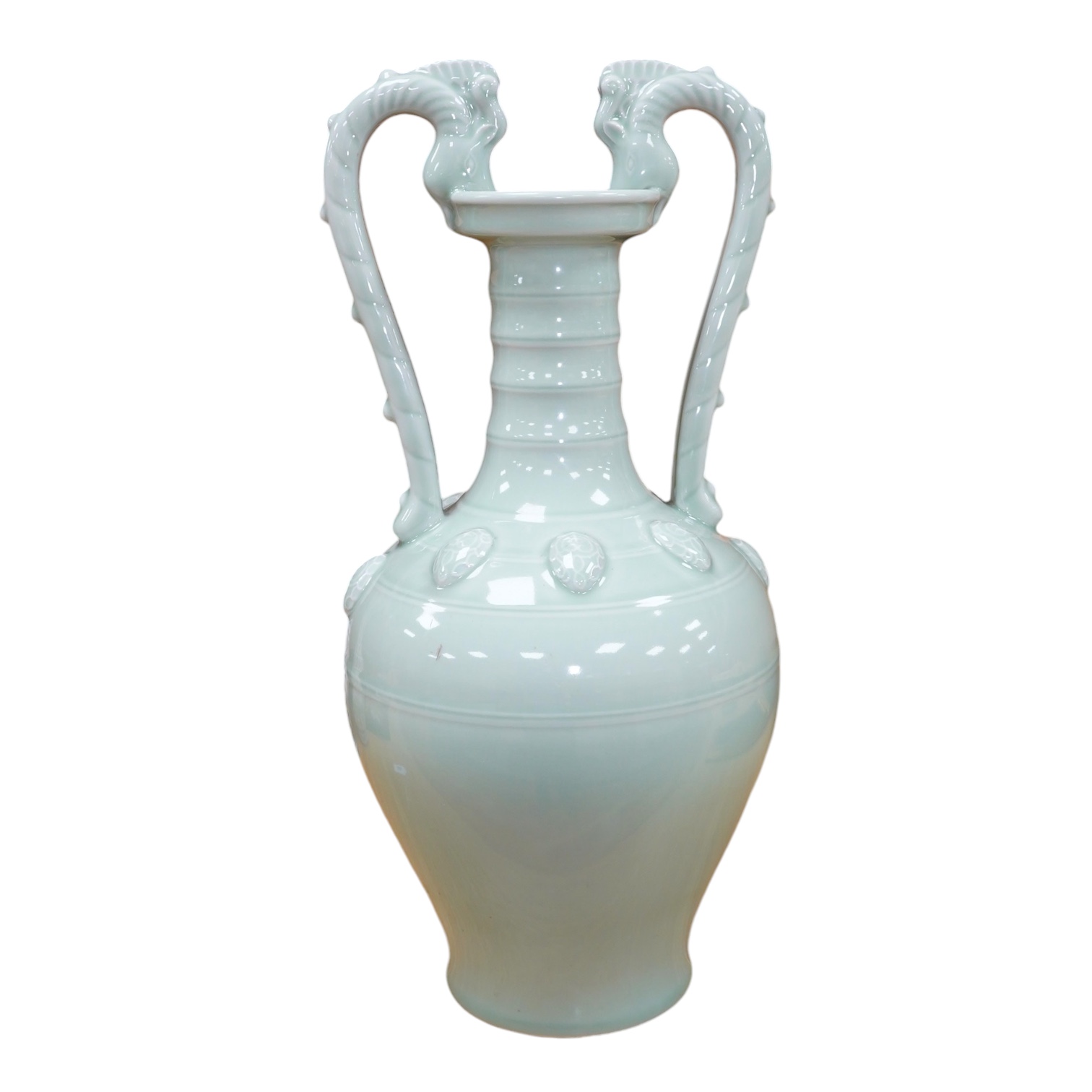 A large Chinese celadon twin handled vase, 55cm high. Condition - good